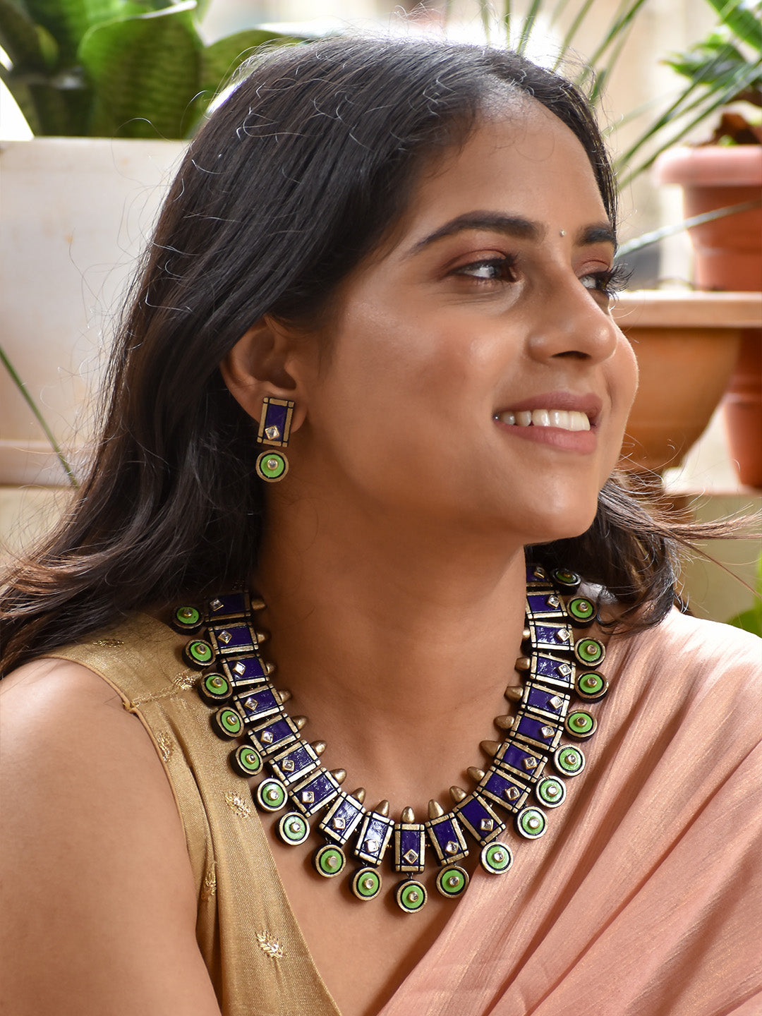 Beautifully Handcrafted Geometric Terracotta Jewellery Set in Violet, Green & Antique Bronze with Kundan Stones