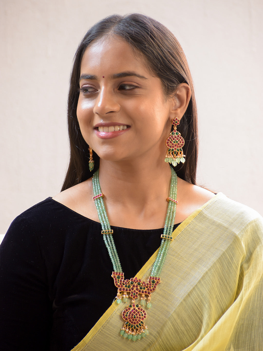 Premium Kempu and Green Agate Haaram Necklace Set