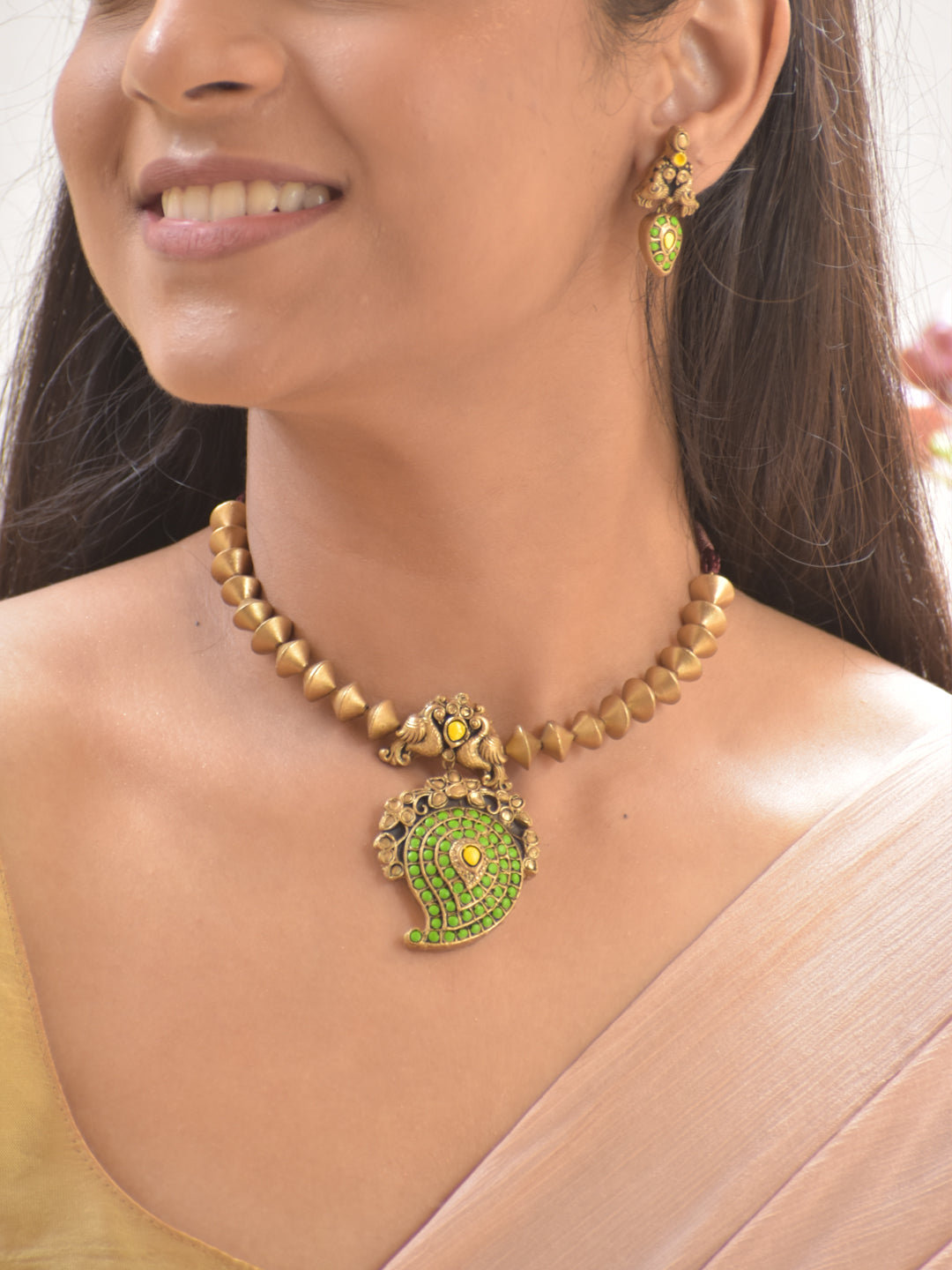 Terracotta Cone Bead Necklace with Peacock Motif & Green Paisley Pendant