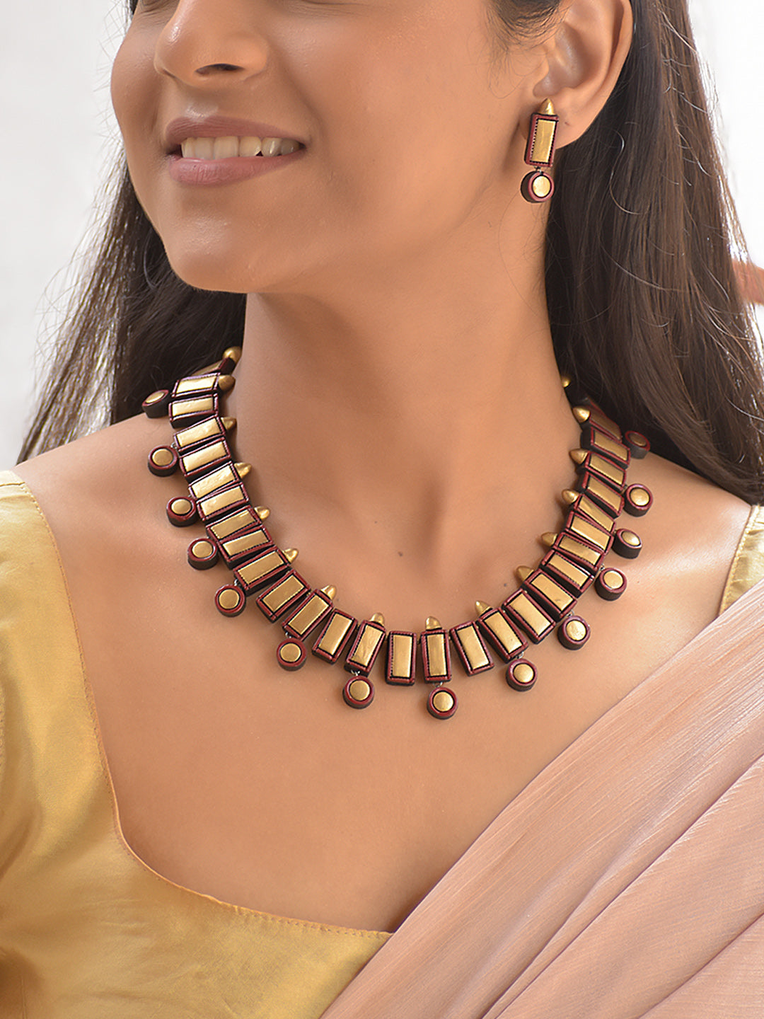 Terracotta Maroon Geometric Bead Necklace with Golden Accents & Matching Earrings