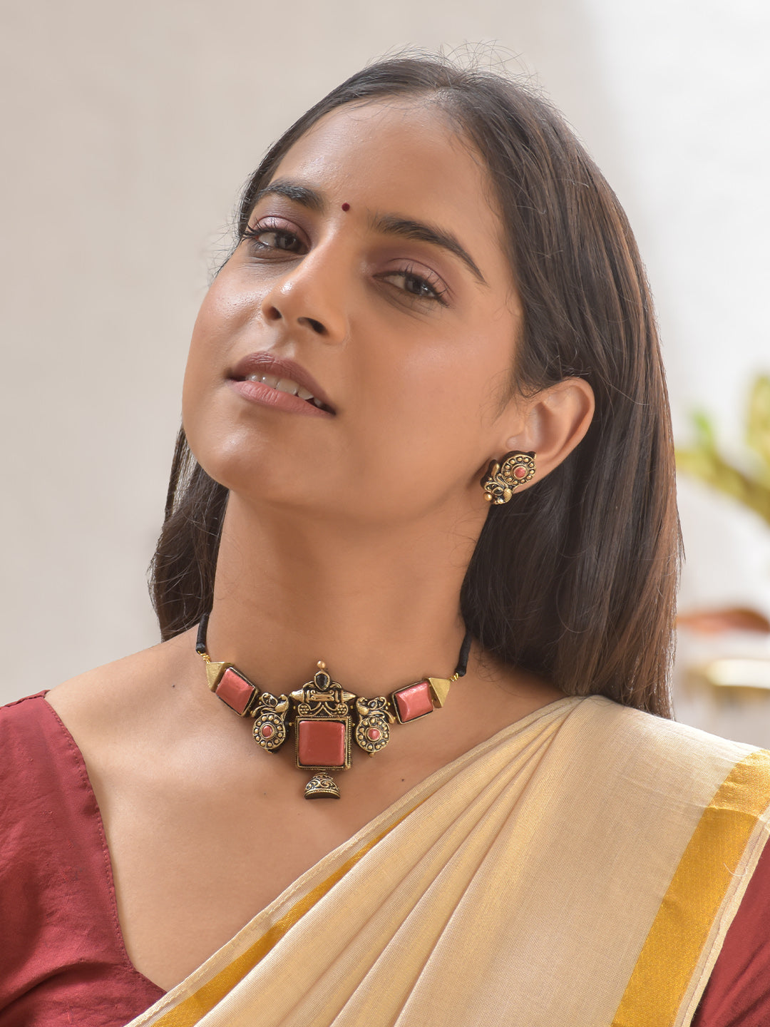 Terracotta Red Square Pendant Necklace Set with Paisley Motif Earrings