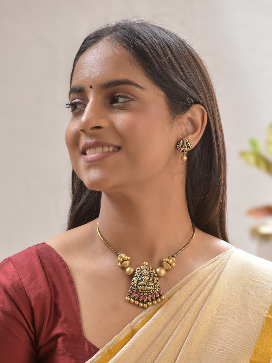 Terracotta Red Square Motif Necklace Set with Floral Peacock Accents