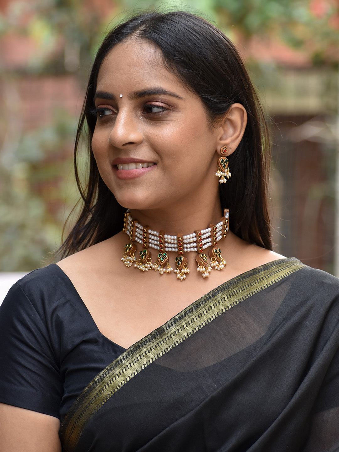 Beautifully Handcrafted Contemporary Terracotta Jewellery Set in Red, Green & Gold with Kundan Stones