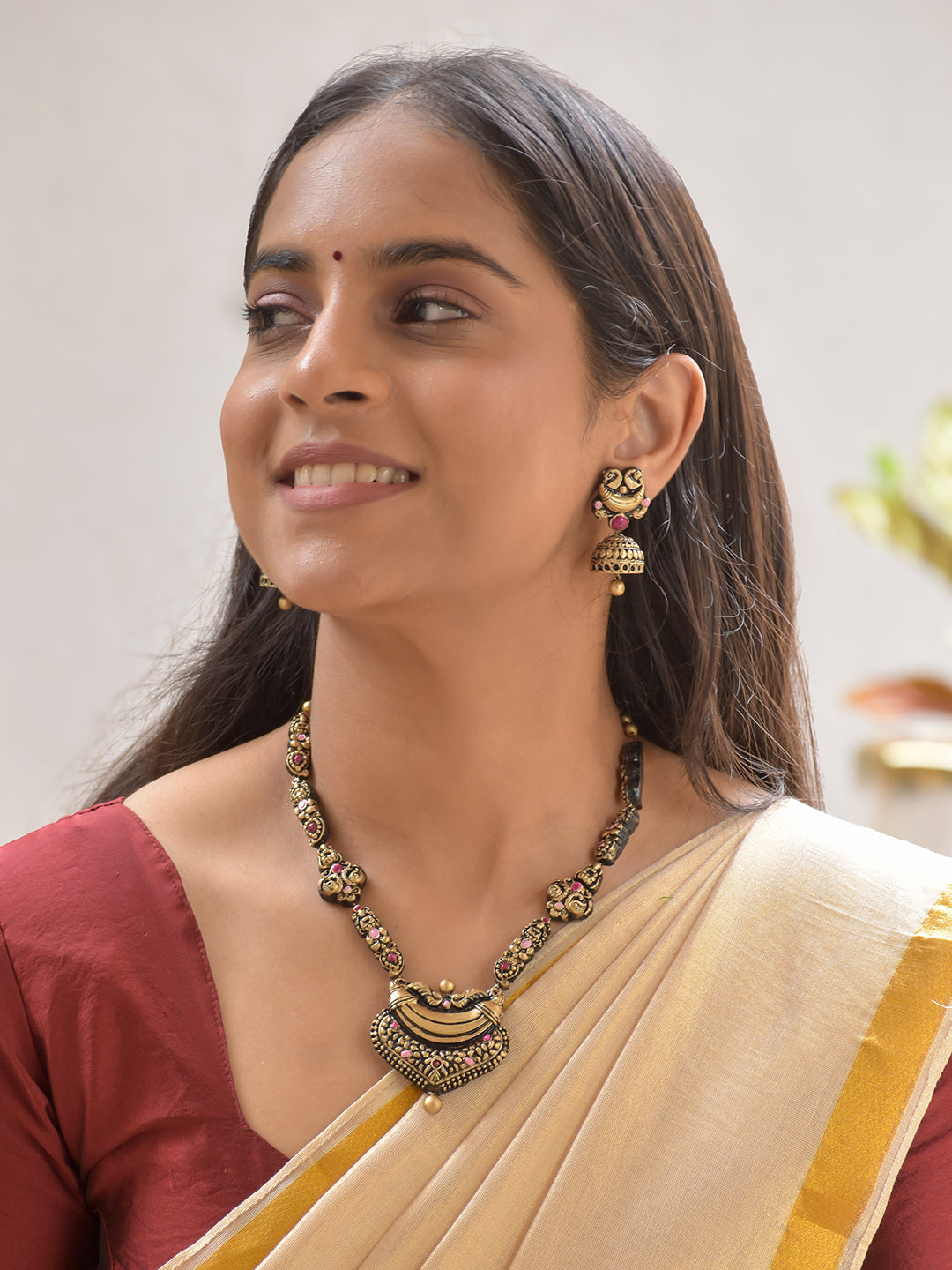 Terracotta Temple Lakshmi Pendant Necklace Set with Ruby Beads