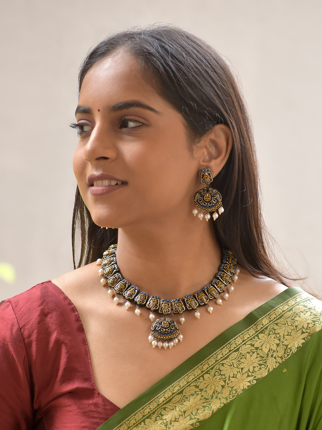 Handcrafted Terracotta Ganesha Necklace Set with Antique Gold & Blue Detailing, Pearl Drops, and Jhumka Earrings