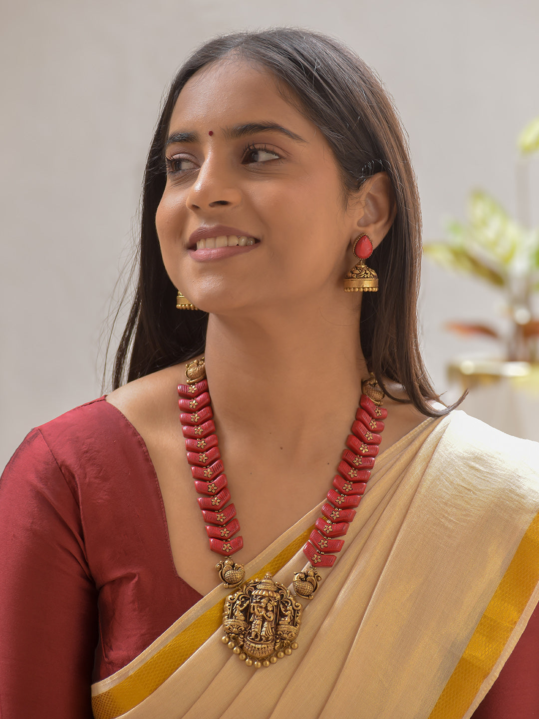 Terracotta Krishna Radha Pendant Necklace with Peacock Motifs and Earrings