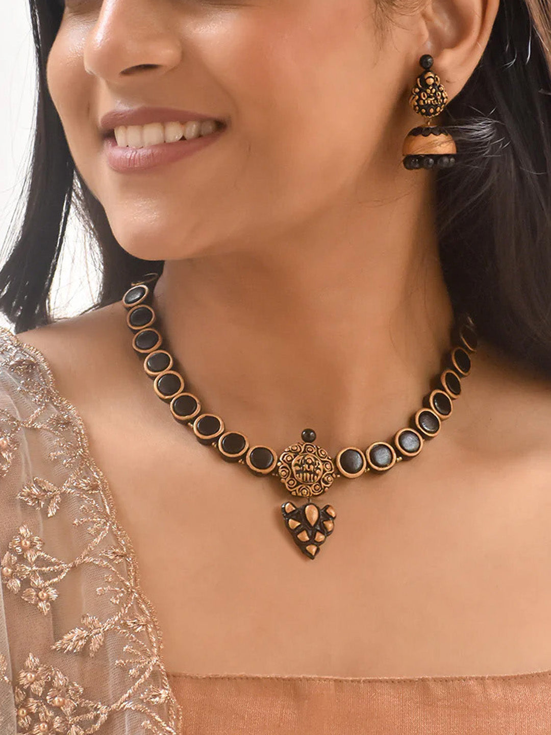 Handcrafted Terracotta and Antique Gold Necklace Set with Black Color Earrings