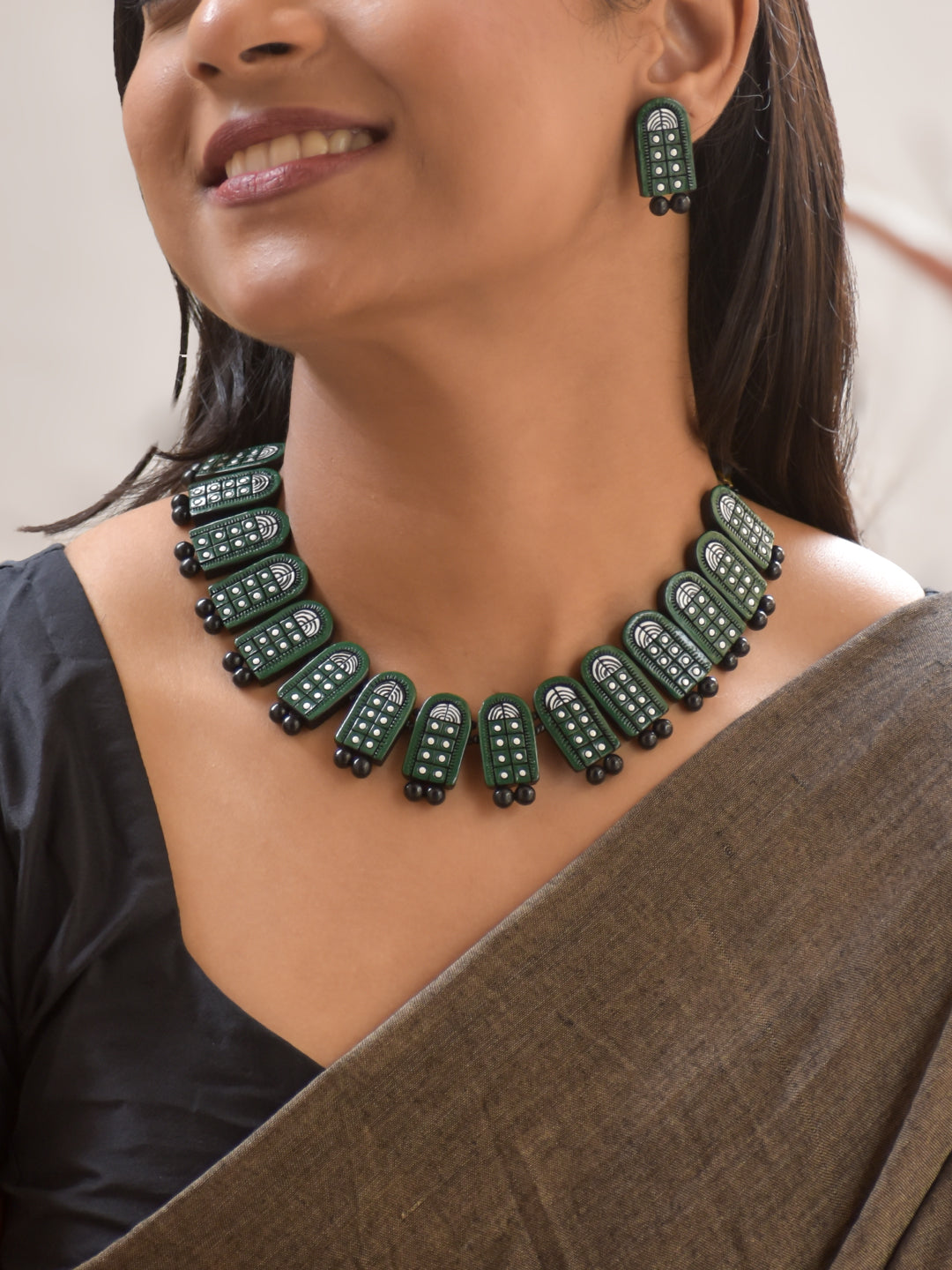 Terracotta Dark Green Hand-Painted Bead Necklace with Matching Earrings