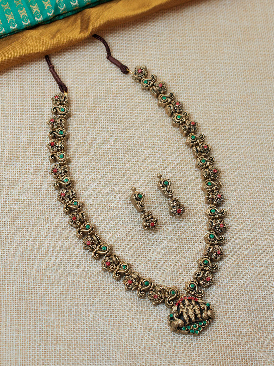 Handmade Temple Design Terracotta Jewellery Set in Antique Gold, Green & Red