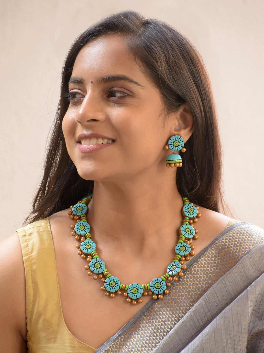 Handcrafted Floral Terracotta Jewellery Set in Blue, Green & Antique Gold