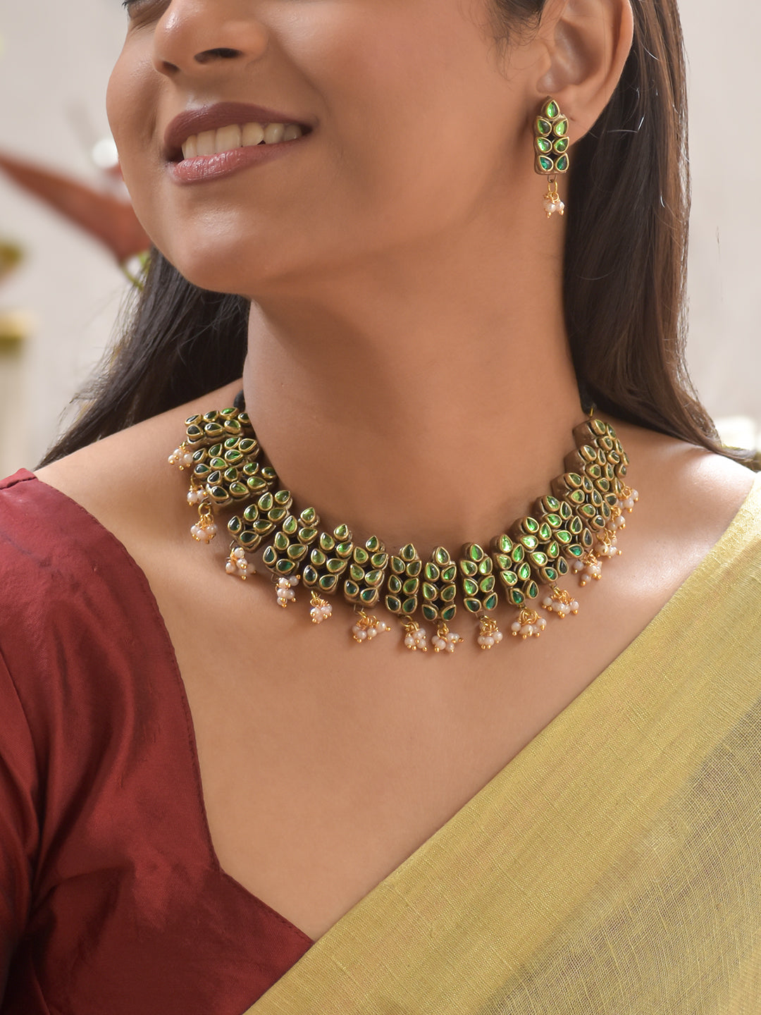 Terracotta Green Leaf Motif Necklace with Golden Bead Drops & Earrings