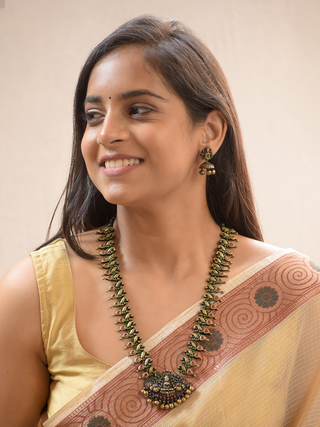 Handcrafted Traditional Lakshmi Temple Necklace Set with Antique Finish and Matching Jhumkas