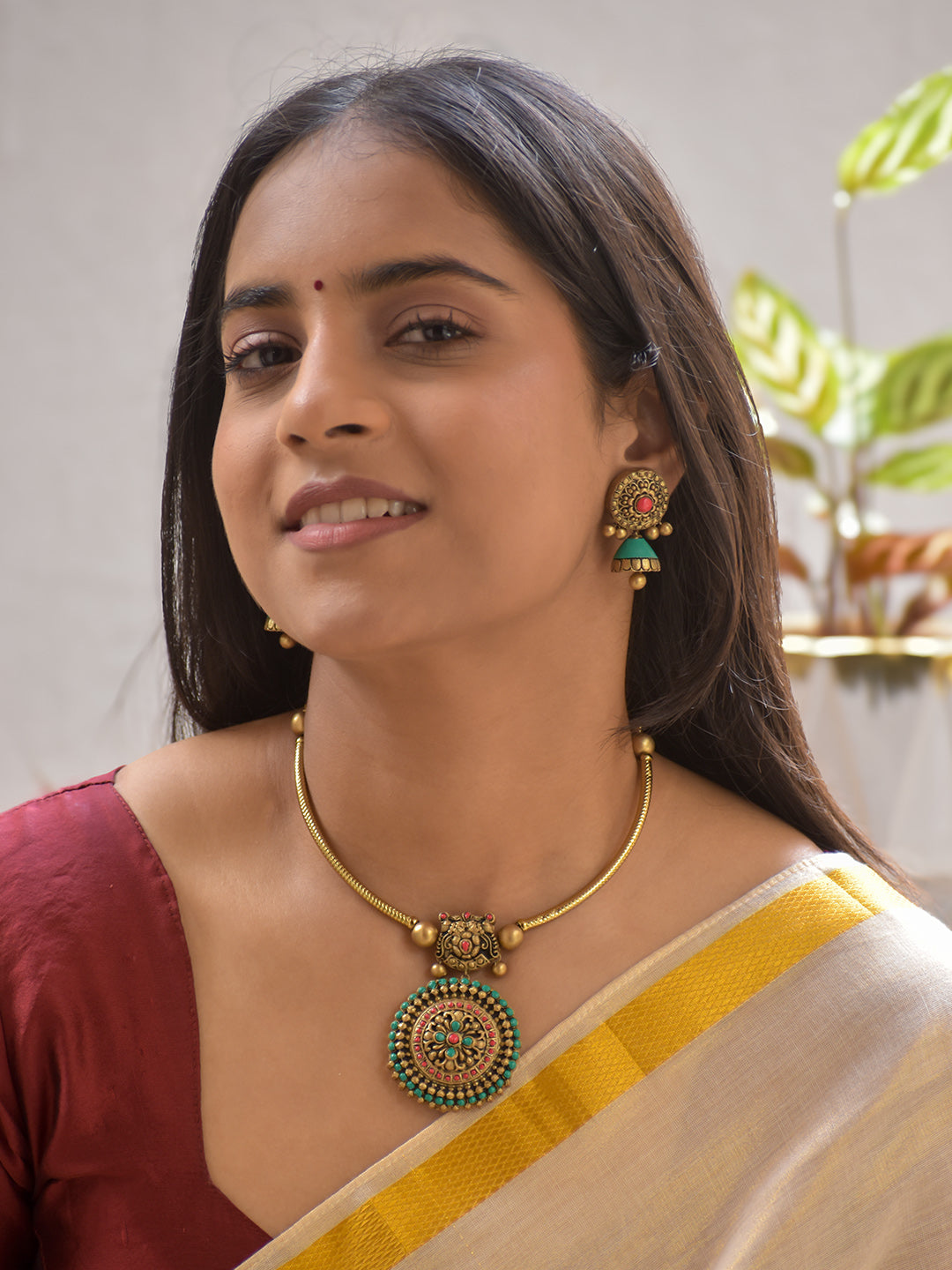 Terracotta Mandala Art Antique Round Pendant Necklace Set with Green Highlights