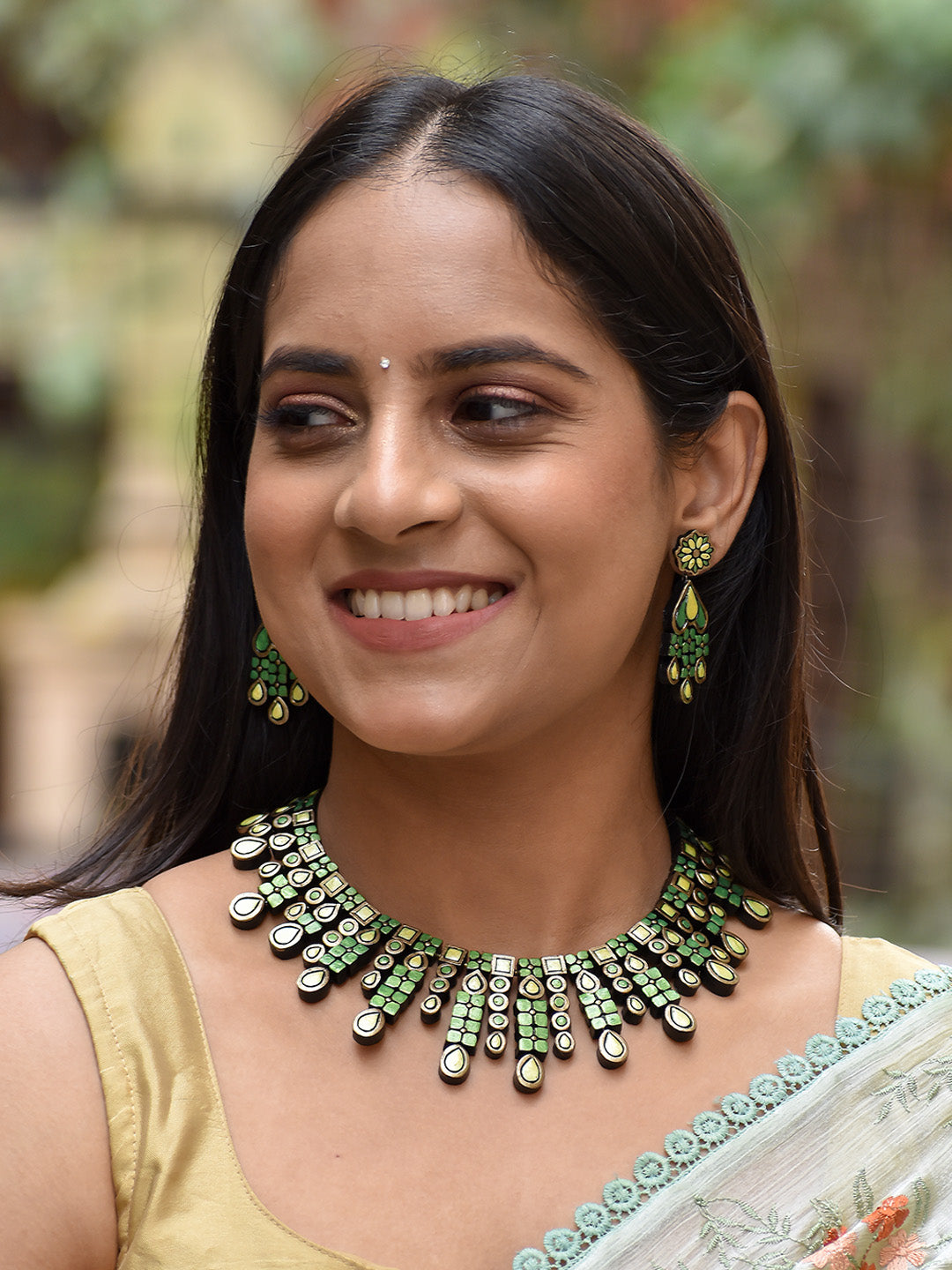 Beautifully Handcrafted Geometric Terracotta Jewellery Set in Pearl Green, Pearl Yellow & Antique Bronze