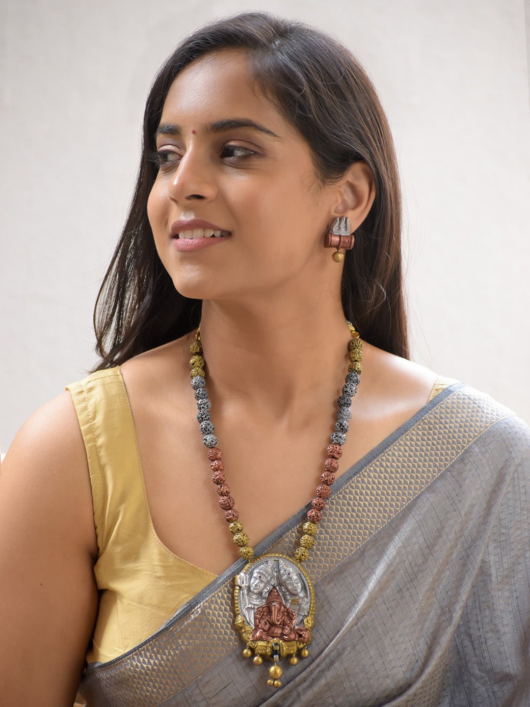 Handcrafted Ganesha, Shiva Parvathi Multitone Rudraksha Temple Pendant Necklace Set