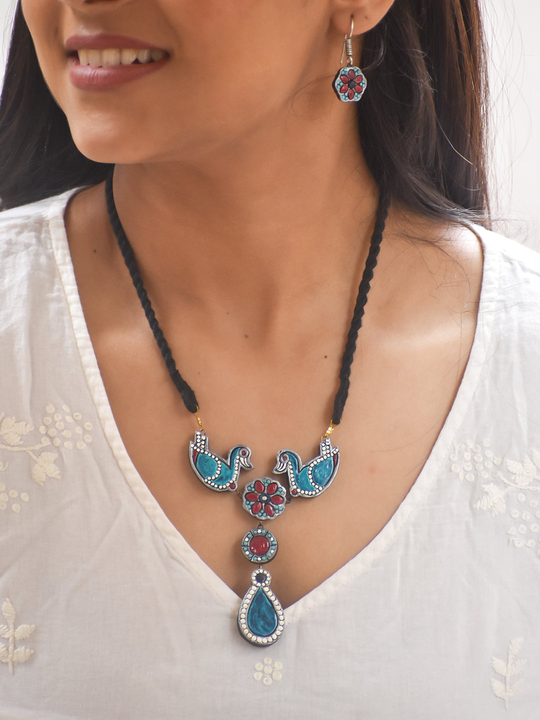 Handcrafted Terracotta Bird and Floral Necklace Set with Blue and Pink & Matching Earrings