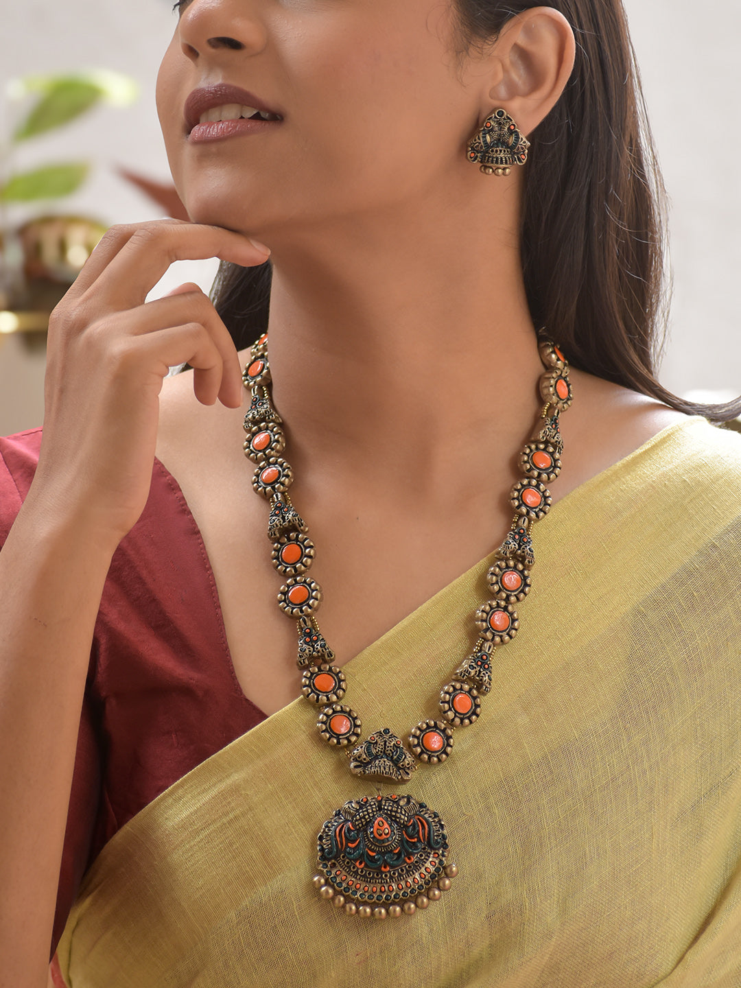 Terracotta Orange Round Bead Necklace with Peacock Motif Pendant & Earrings