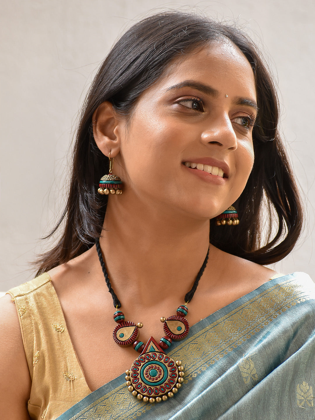Golakarah — Beautifully Handcrafted Geometric Terracotta Jewellery Set in Teal, Maroon & Antique Bronze