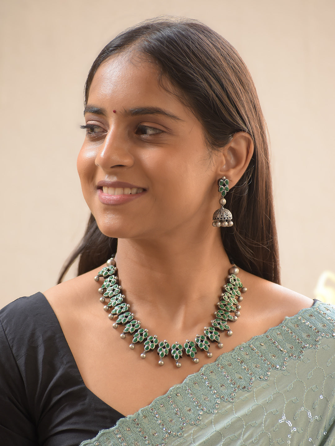 Silver and Green Leaf Design Handmade Terracotta Necklace Set