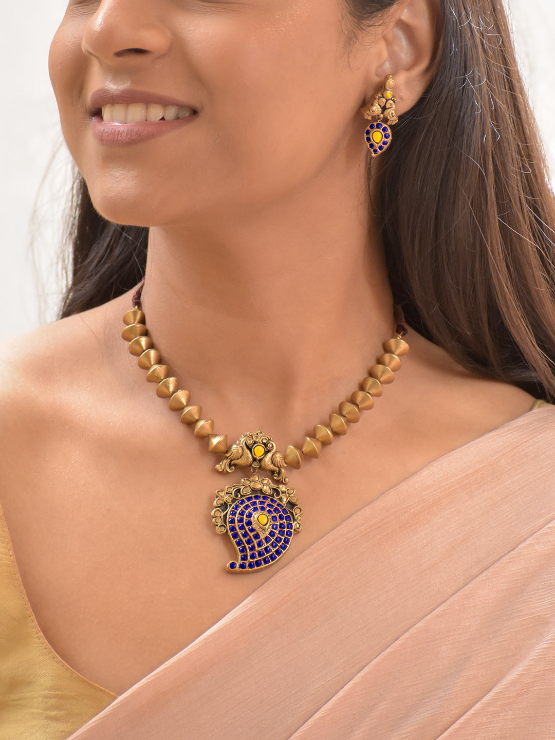 Terracotta Cone Bead Necklace with Peacock Motif & Blue-Yellow Paisley Pendant