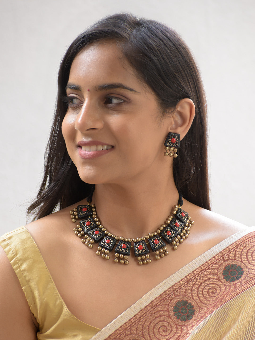 Handcrafted Black Terracotta Necklace Set with Red Accents & Golden Beads