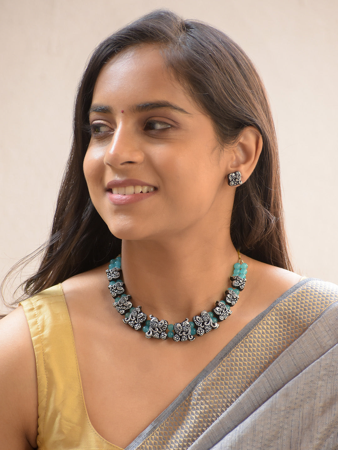 Handcrafted Terracotta Silver Peacock Motif Necklace Set with Blue Beads