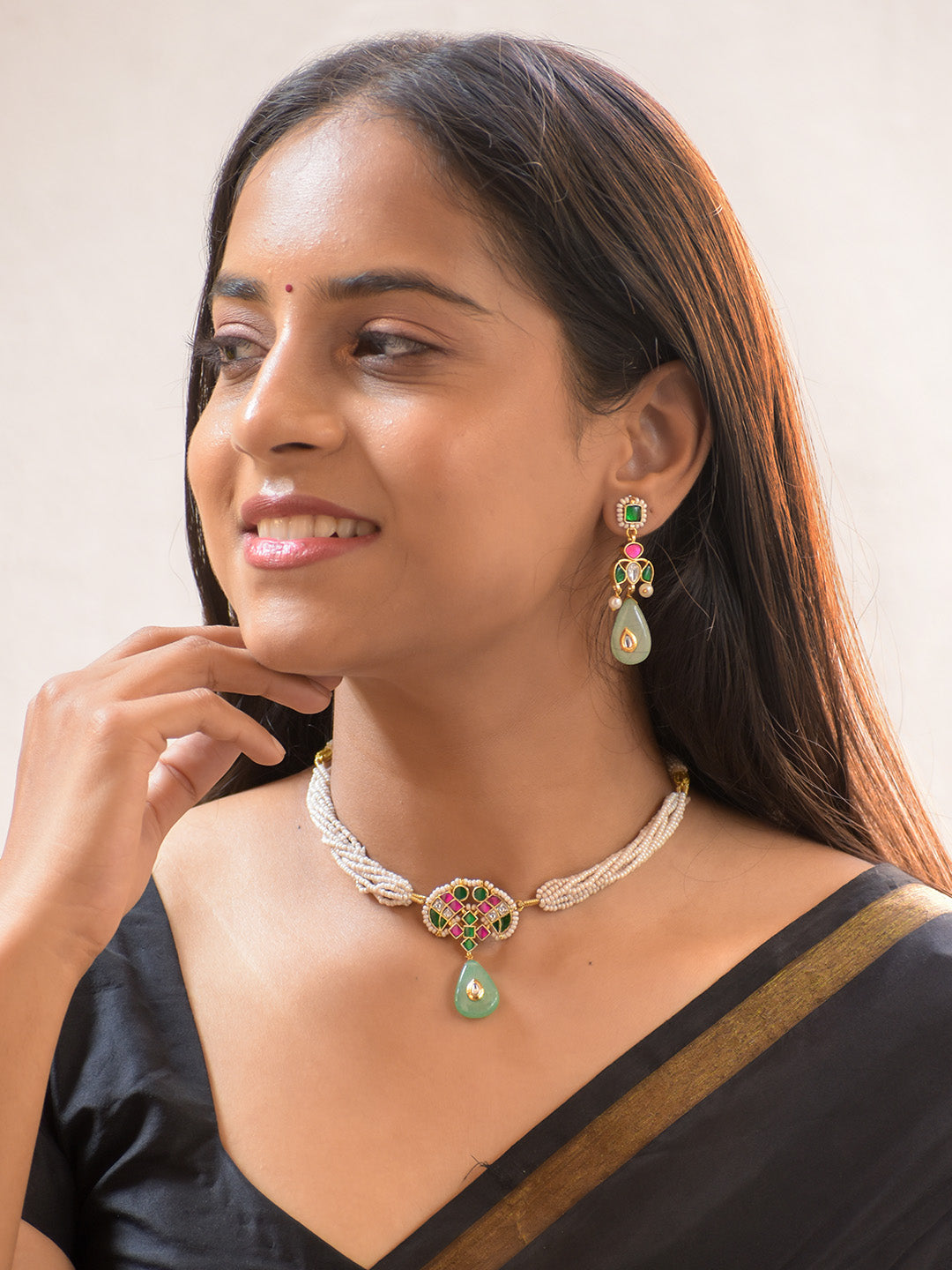 Premium Crafted 18K Gold Plated Kundan Pendant Necklace Set with Gemstone Drops and Pearls