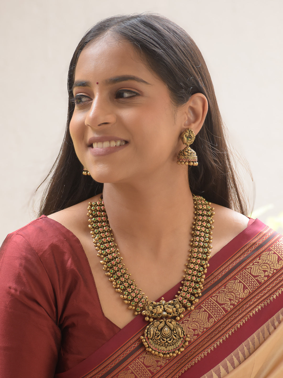 Priyaasi - Handcrafted Terracotta Peacock Motif Necklace Set with Colors Detailing and Antique Finish Earrings