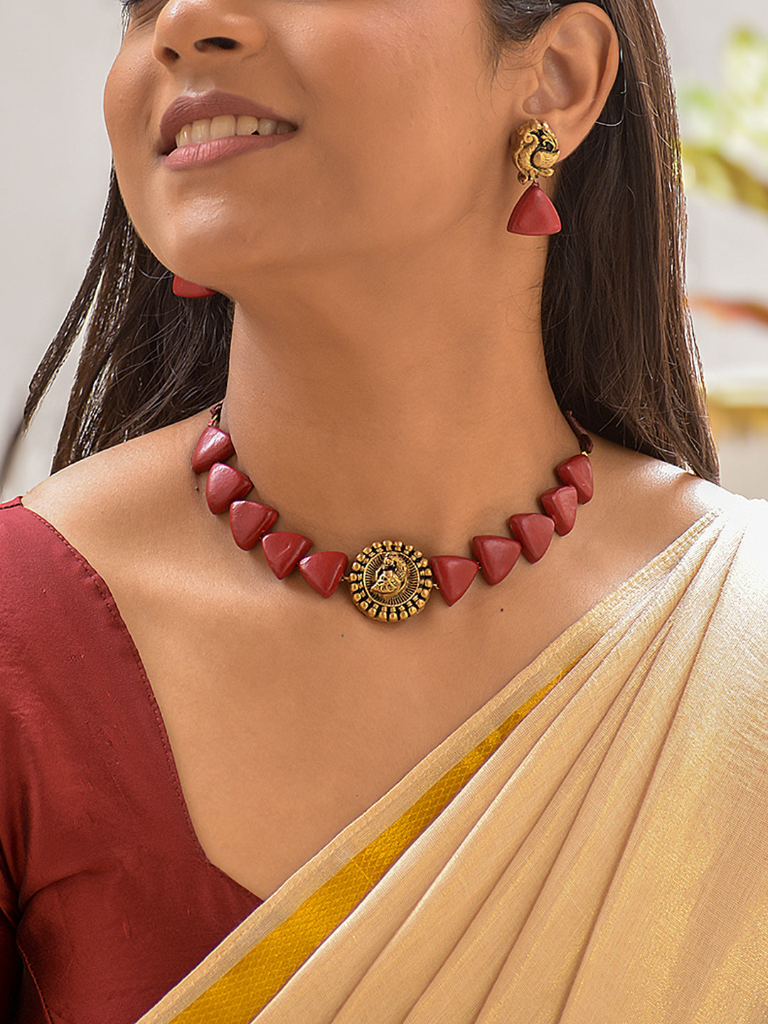 Terracotta Maroon Triangular Beads Peacock Pendant Necklace with Earrings