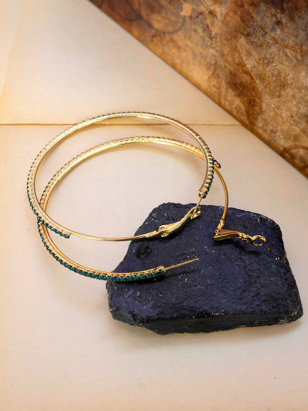 Gold Plated Circle Design Blue Color Artificial Stone Hoop Earring