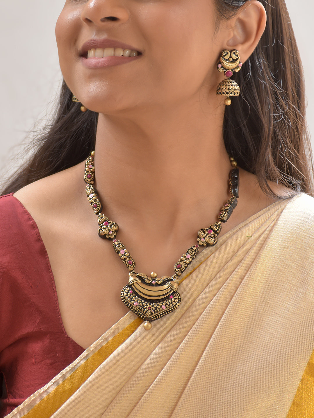 Terracotta Temple Lakshmi Pendant Necklace Set with Ruby Beads