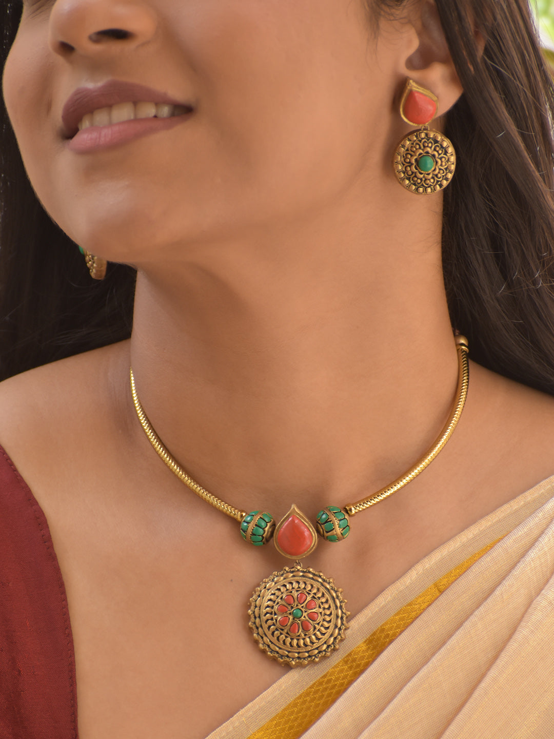 Terracotta Mandala Art Antique Round Pendant Necklace Set with Ruby-Green Accents