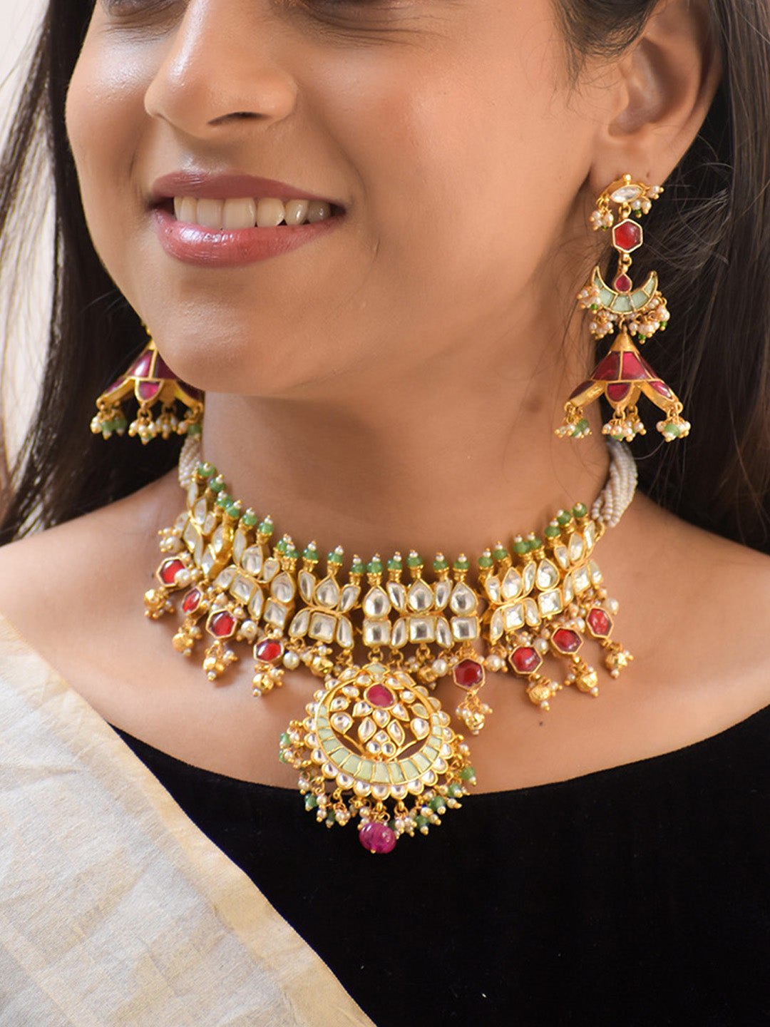 Premium Crafted 18K Gold Plated Kundan Choker Set with Polki, Gemstones, and Pearl Details