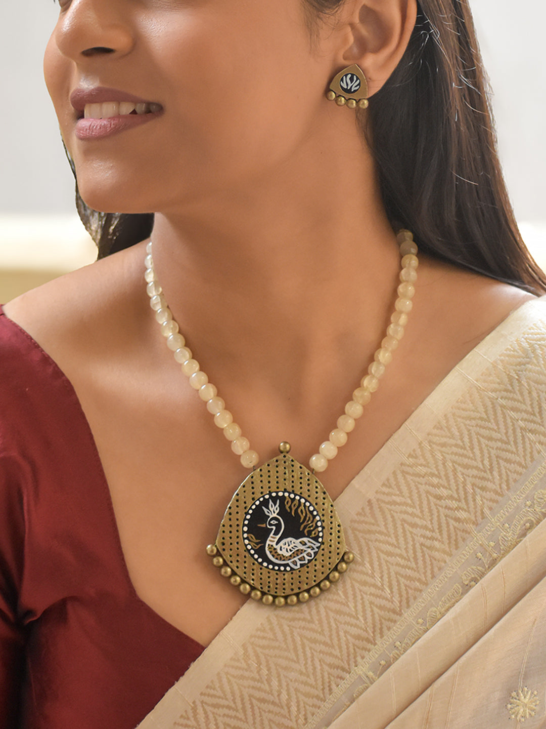 Handcrafted Terracotta Peacock Pendant Necklace Set with Cream Beads and Stud Earrings