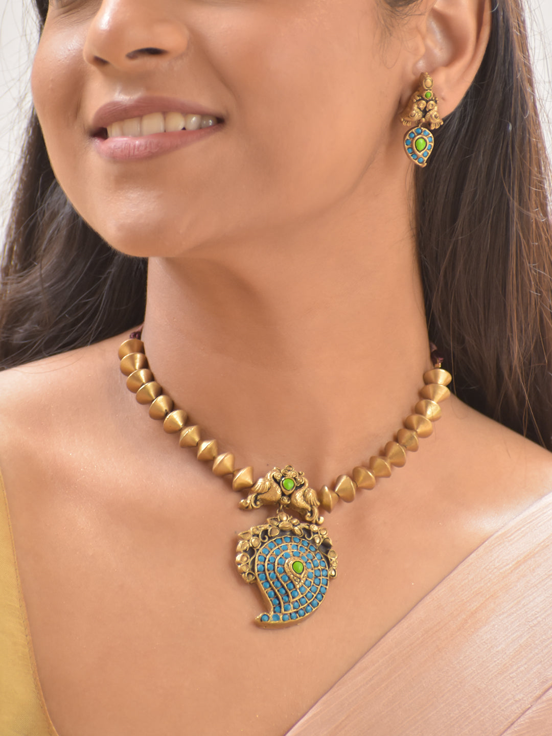 Terracotta Cone Bead Necklace with Peacock Motif & Blue-Green Paisley Pendant