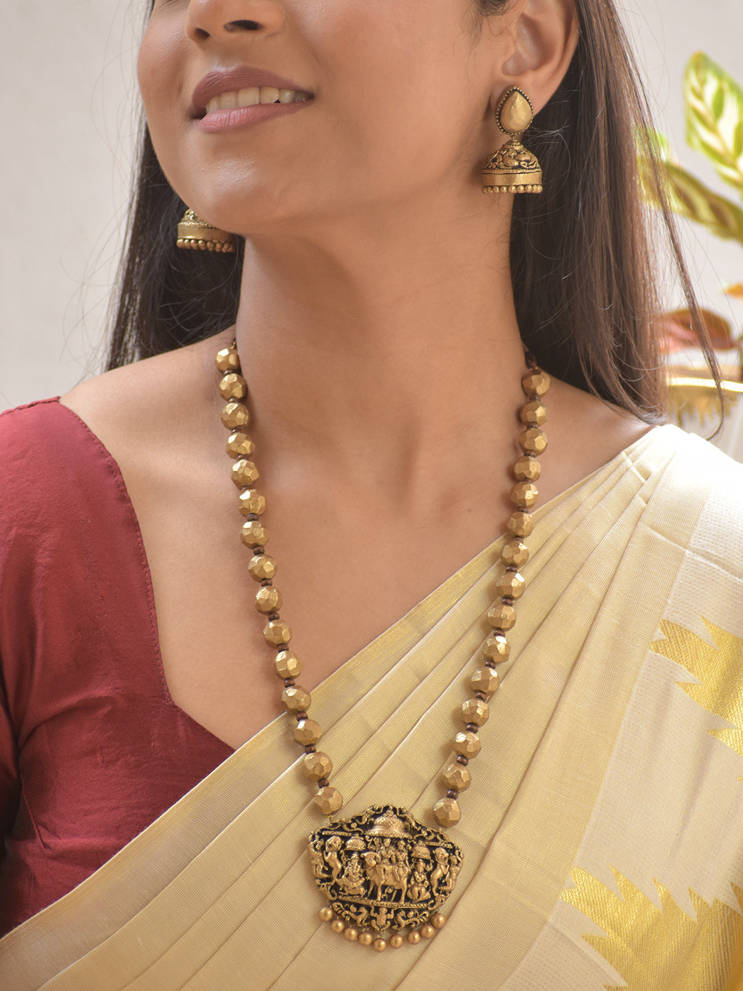 Terracotta Antique Beaded Necklace Set with Temple Pendant