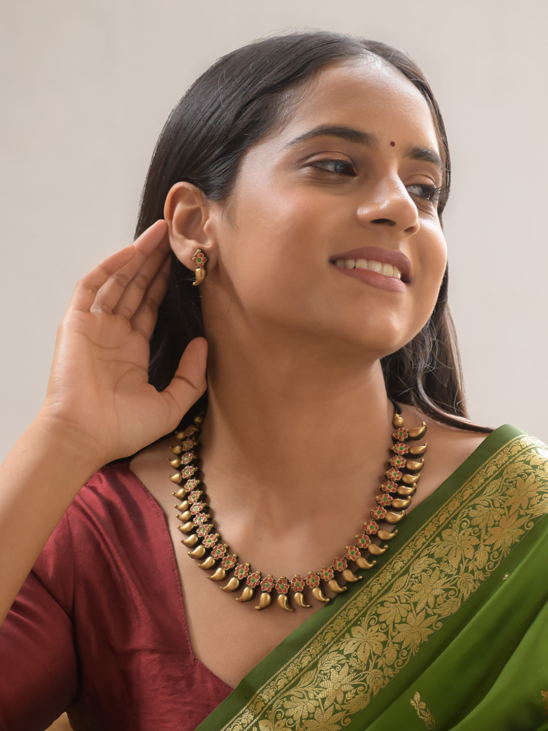 Antique Gold Green Red Flower Mango Design Handmade Terracotta Necklace Set