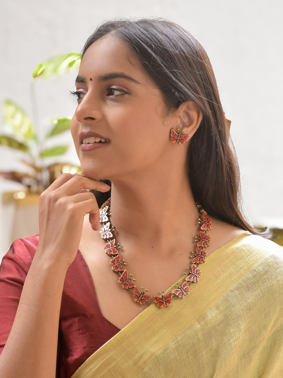 Terracotta Red Butterfly Motif Necklace with Matching Earrings