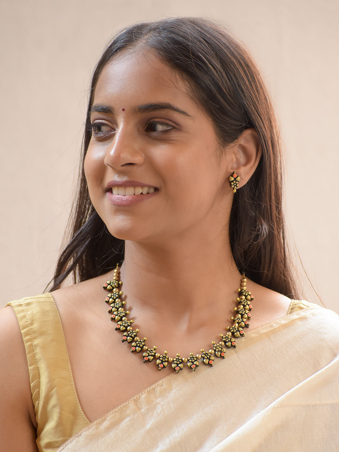 Kumuda — Handcrafted Terracotta Floral Design Necklace Set in Red and Antique Gold with Stud Earrings