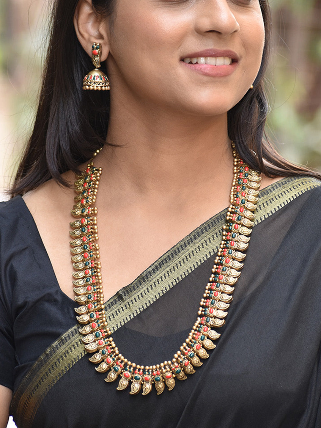 Antique Gold Layered Terracotta Necklace Set with Red & Green Stone Accents and Jhumka Earrings