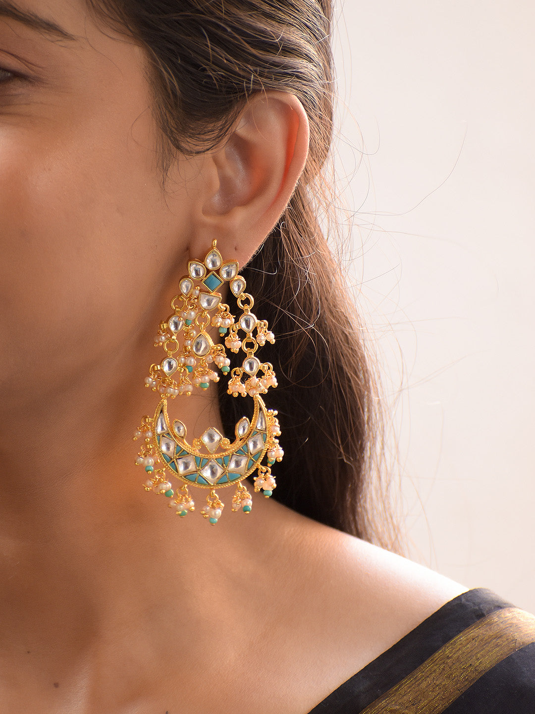 Premium Crafted 18K Gold Plated Firozi Kundan Chandbali Earrings with Pearl Drops