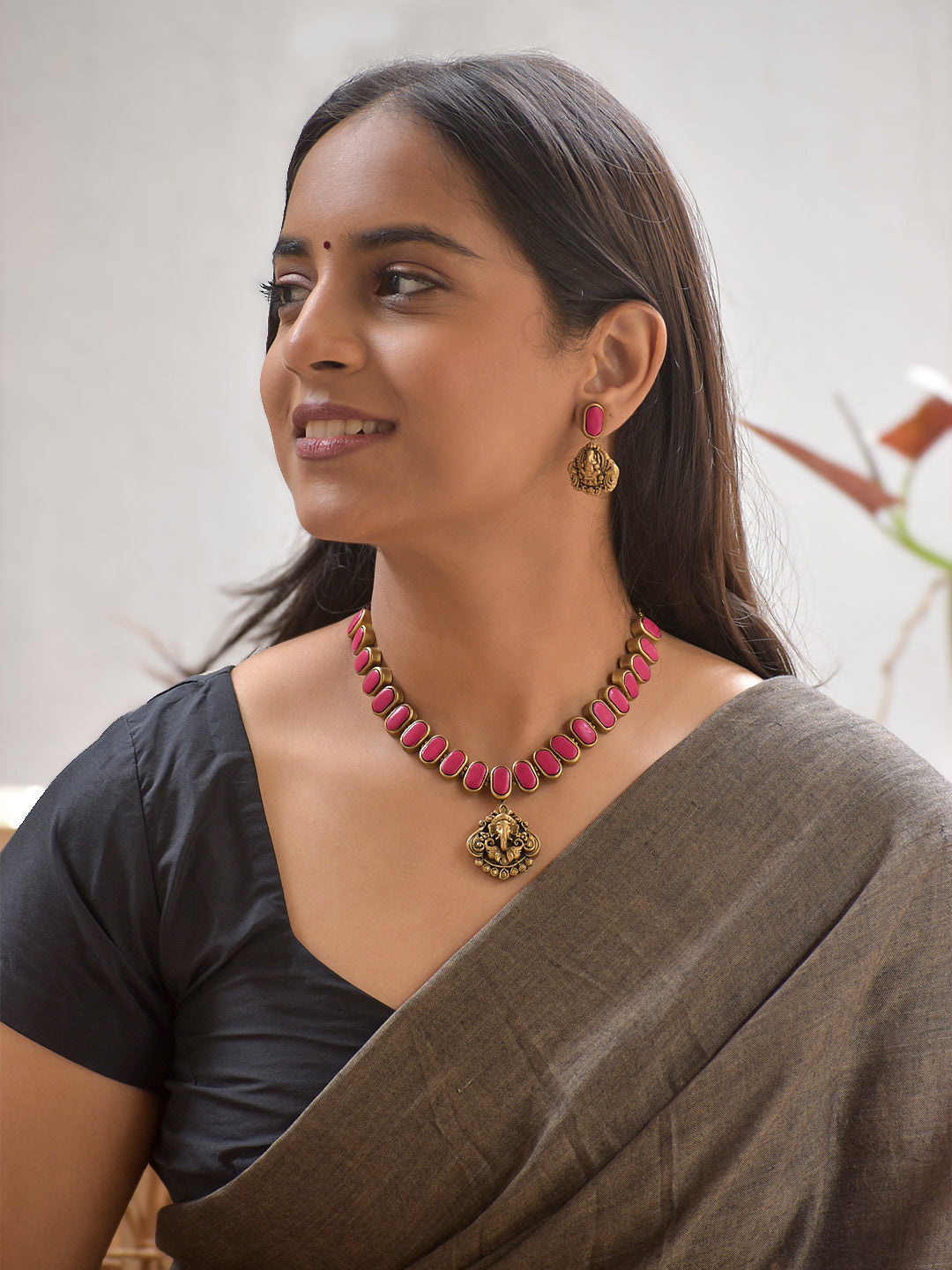 Terracotta Pink Oval Bead Necklace with Ganesha Pendant & Earrings