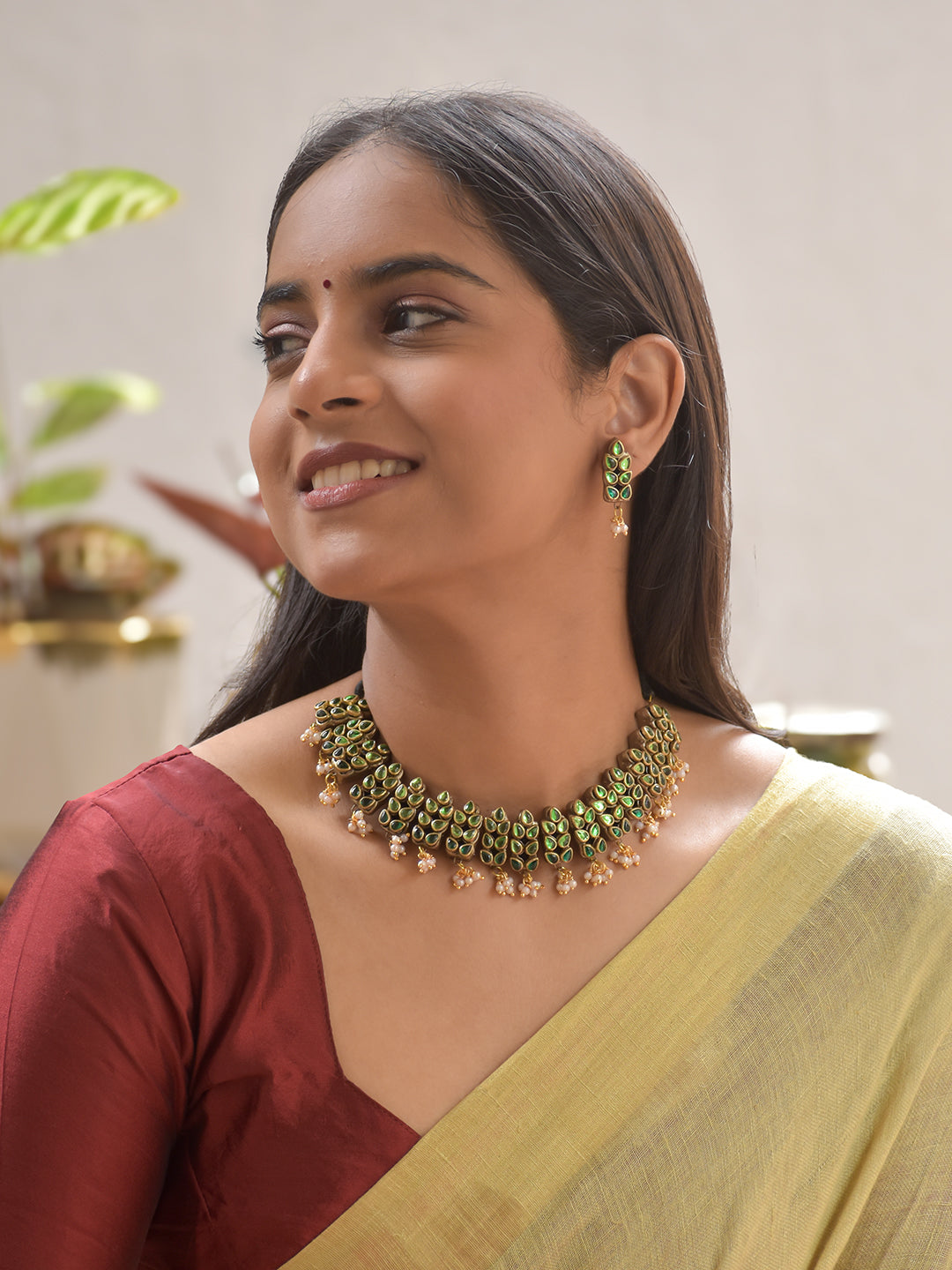 Terracotta Green Leaf Motif Necklace with Golden Bead Drops & Earrings