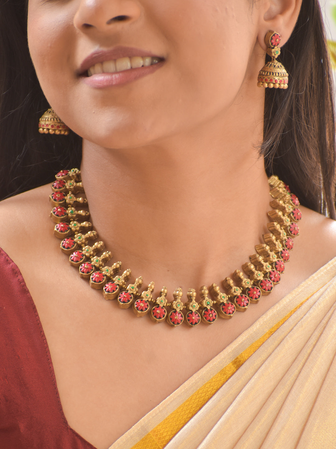 Terracotta Floral Necklace Set with Antique Bead Drops