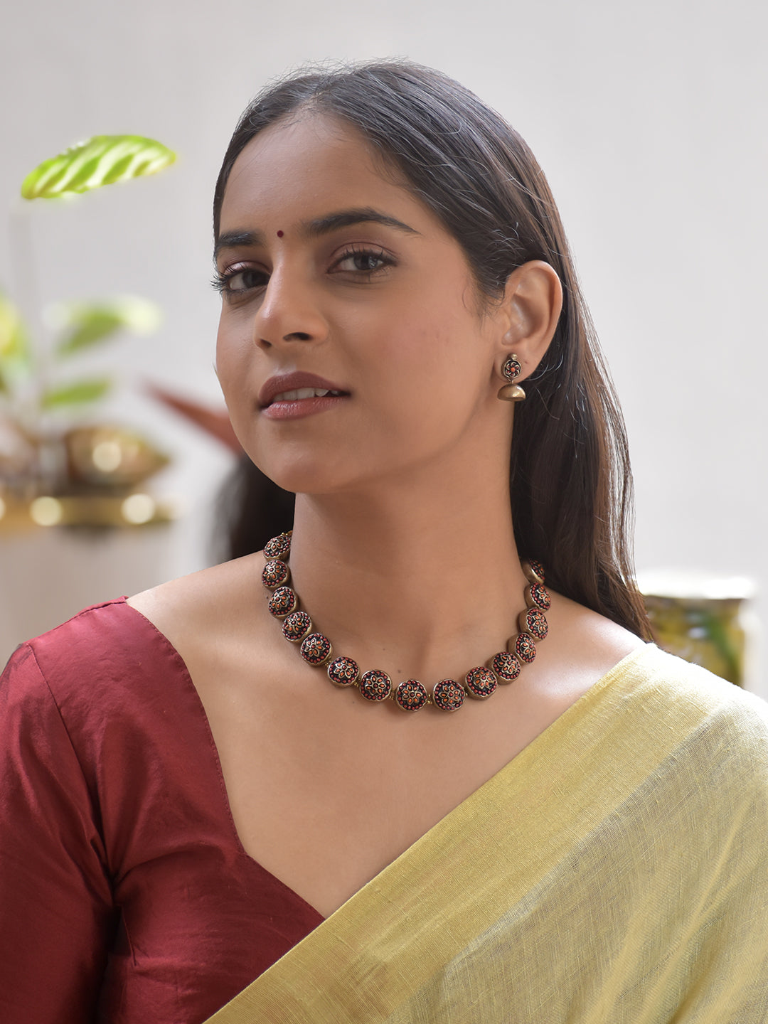 Terracotta Black and Red Round Bead Necklace with Floral Motif & Earrings