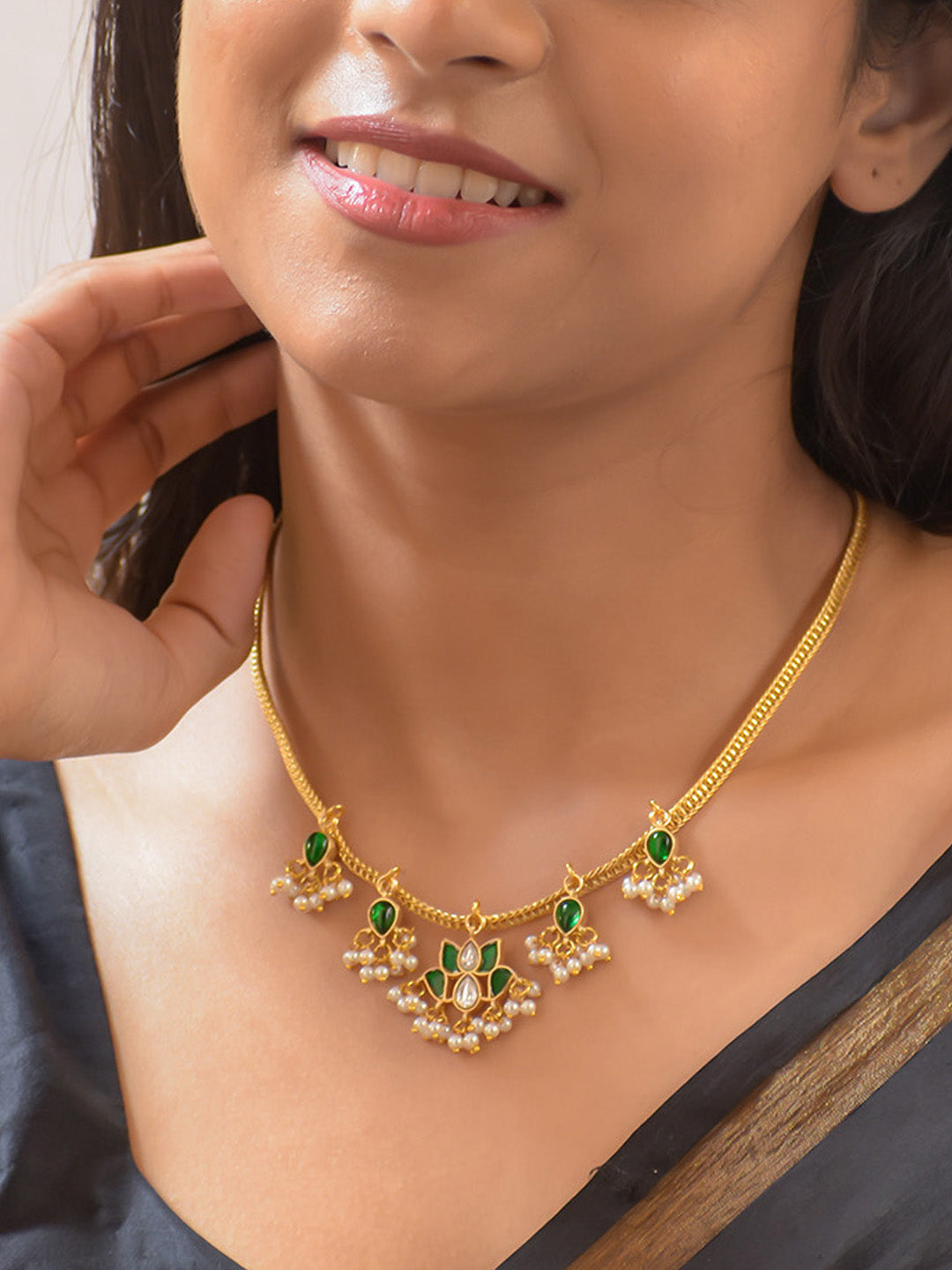 Premium Gold-Plated Lotus Jadau Kundan Necklace with Green Accents and Pearls