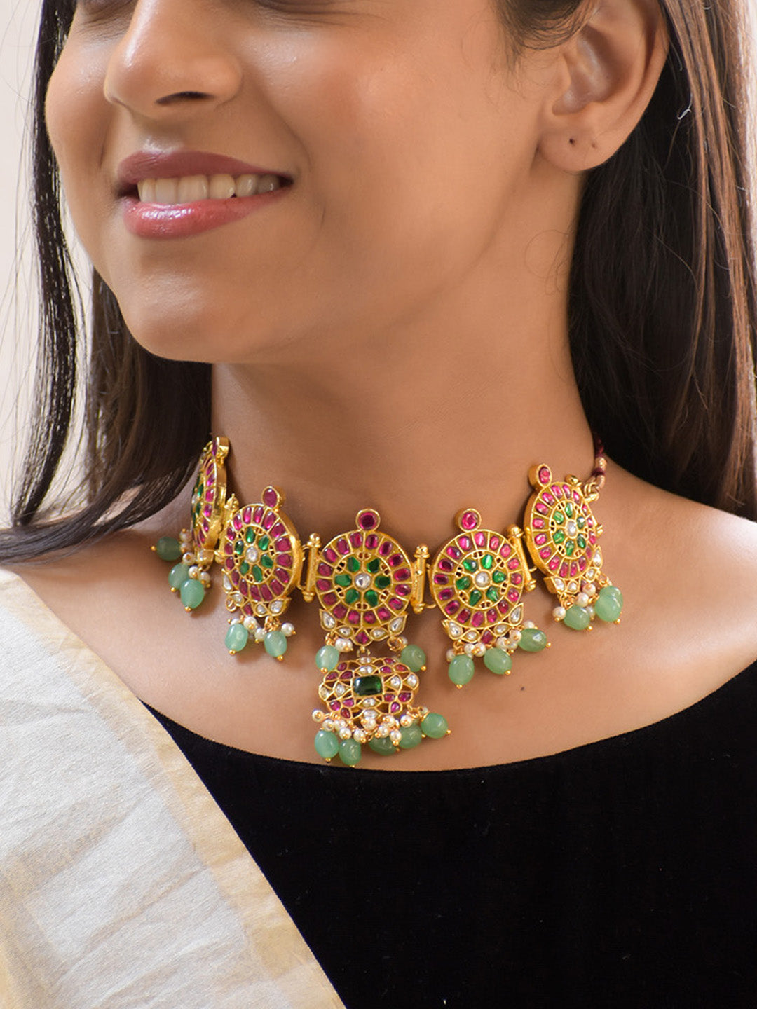 Premium Crafted 18K Gold Plated Jadau Kundan Choker with Polki, Agate, and Pearl Drops