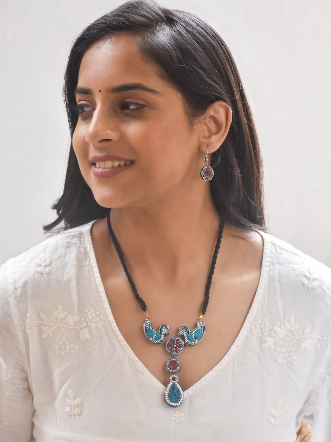 Handcrafted Terracotta Bird and Floral Necklace Set with Blue and Pink & Matching Earrings