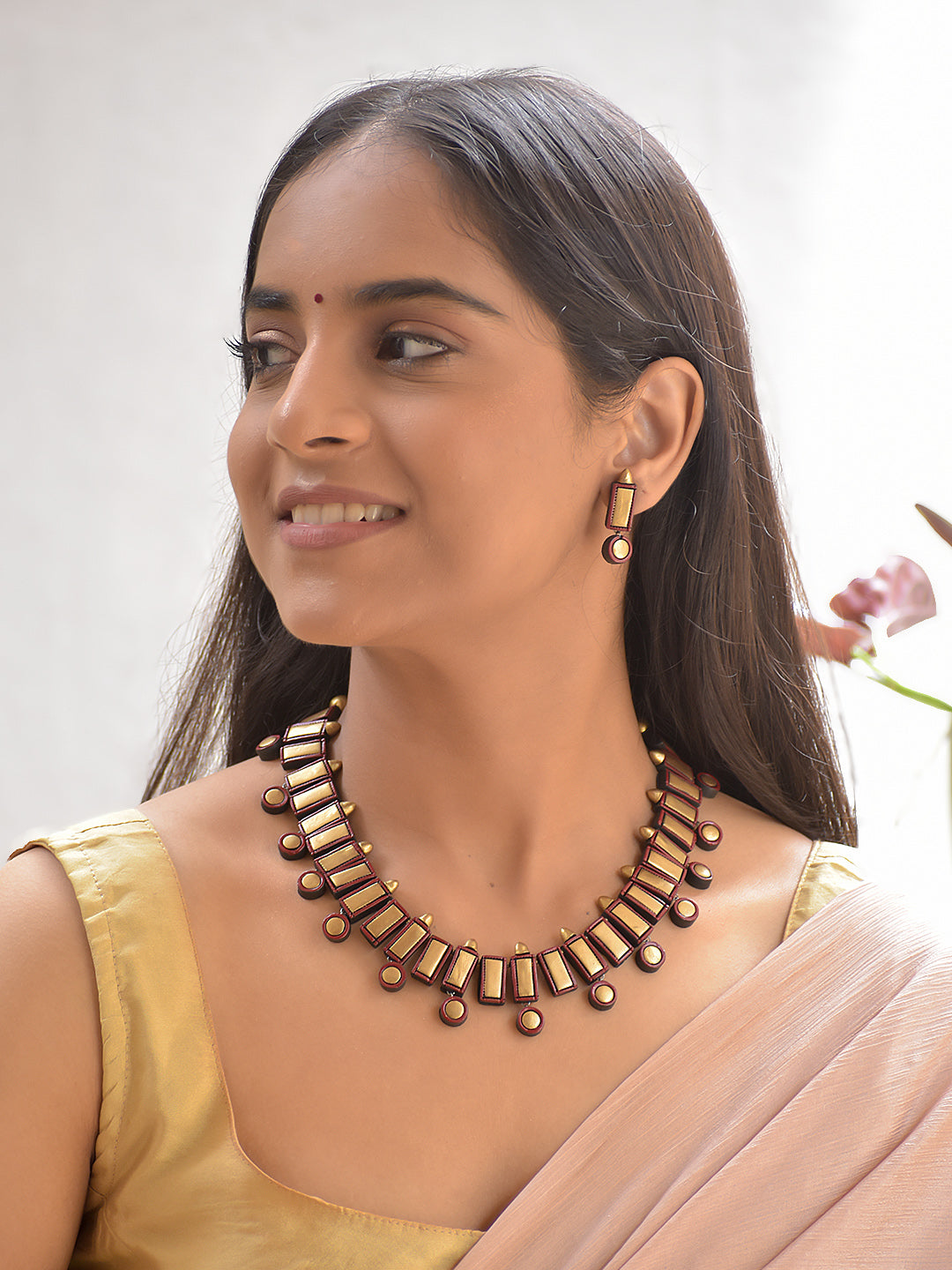 Terracotta Maroon Geometric Bead Necklace with Golden Accents & Matching Earrings