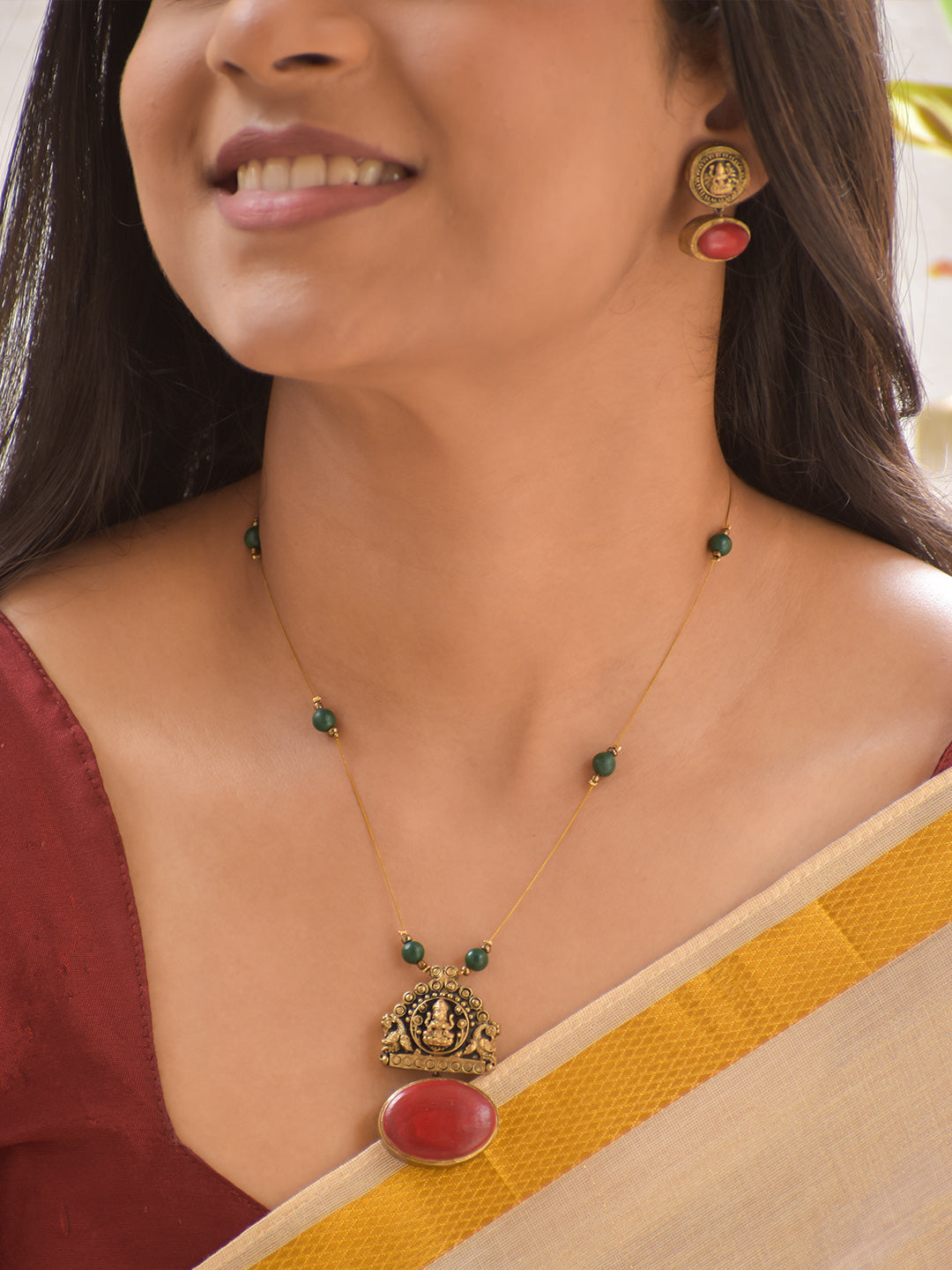 Terracotta Lakshmi Temple Pendant Necklace Set with Green Beads and Ruby Stone Accents